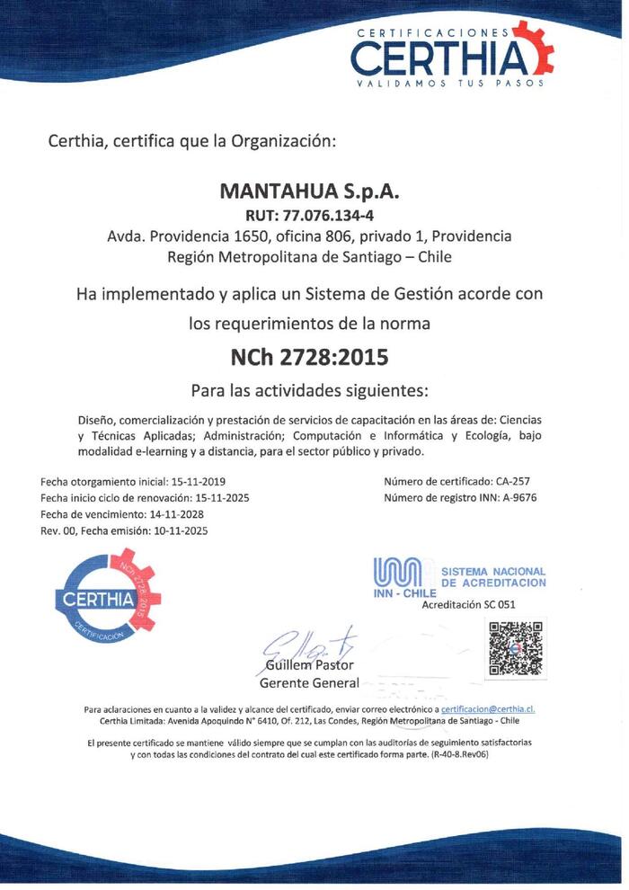 Certificado NCh 2728:2015 de Mantahua otorgado por Certhia
